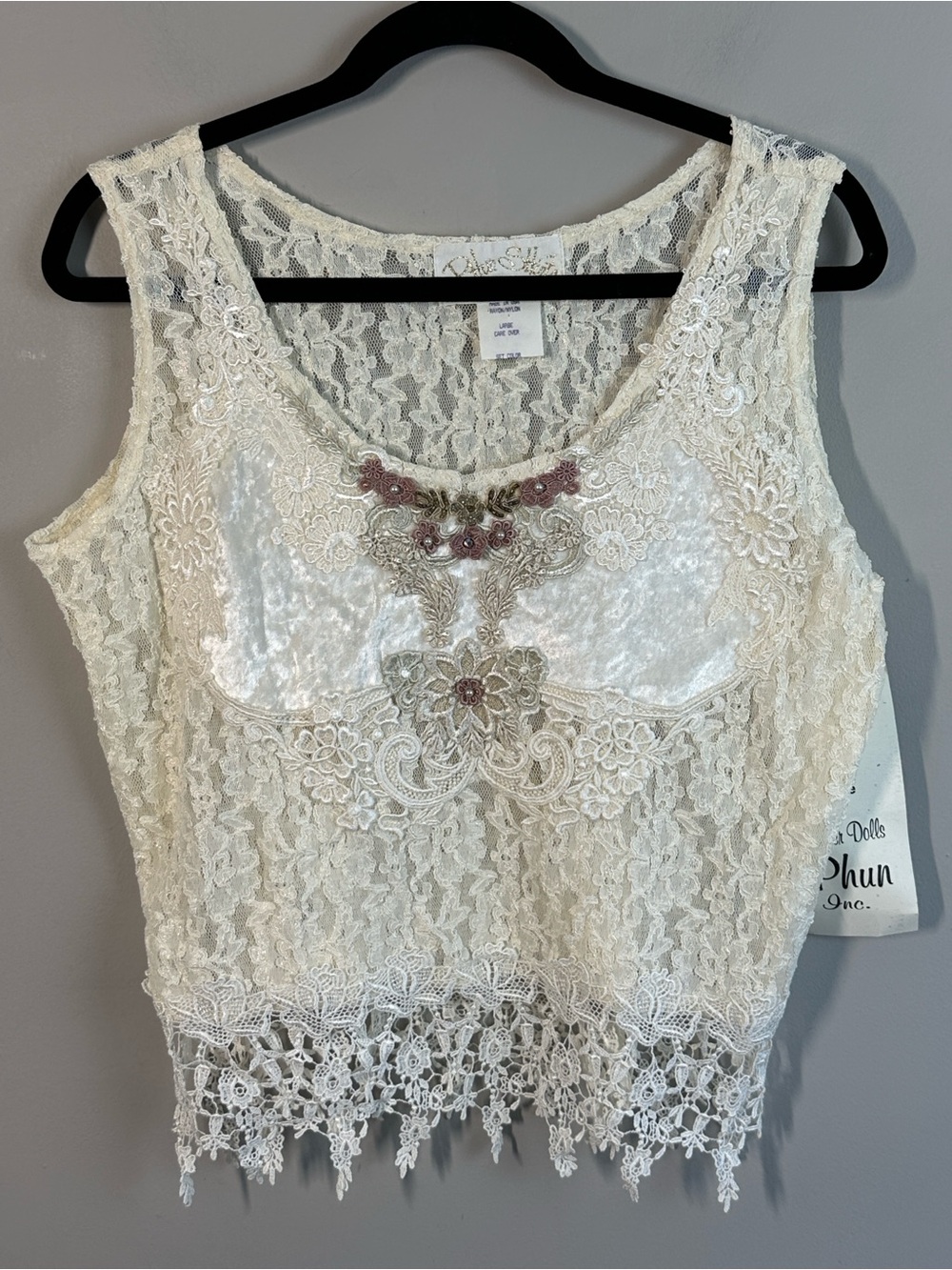 NWT Vintage Phun Shirts Floral Lace Boho Tank Size Large Cream Fairy Romantic